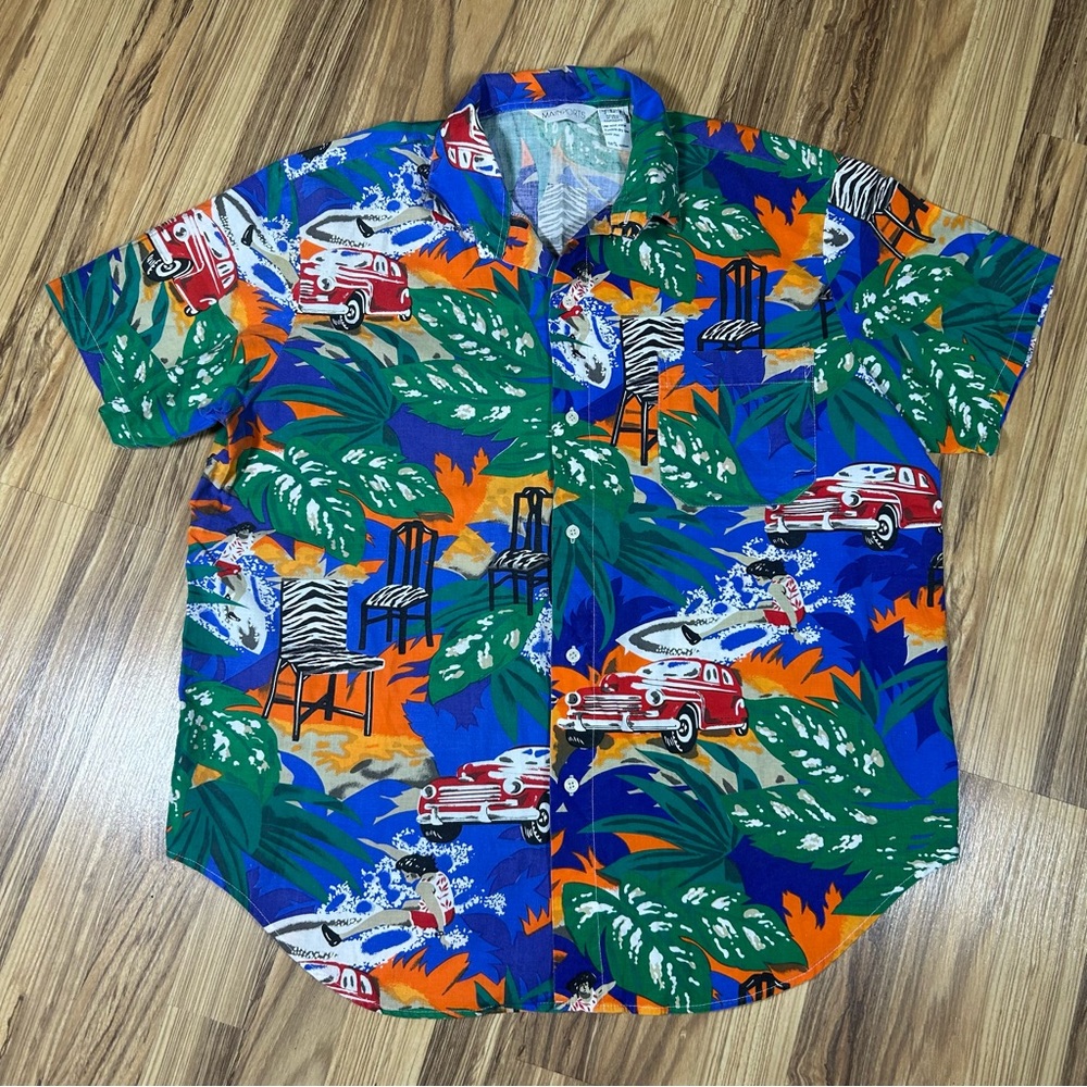 Mainports Hawaiian Shirt Mens Largee Scenic All Over Print Button Up USA Red Car